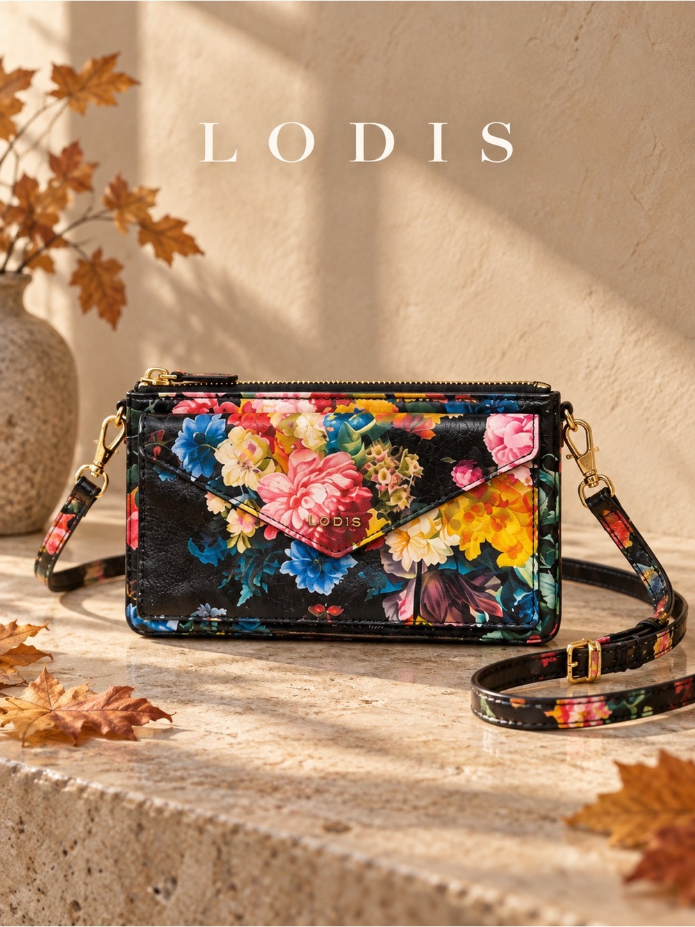 LODIS Floral Leather Wallet Crossbody Bag Black Multicolor